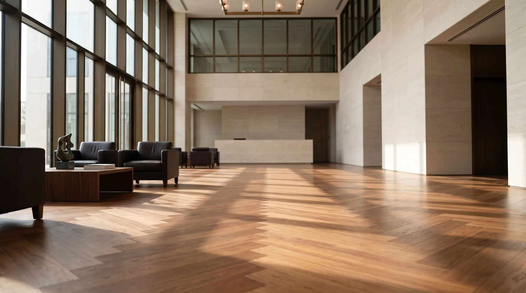 Herringbone oak through a corporate reception lobby
