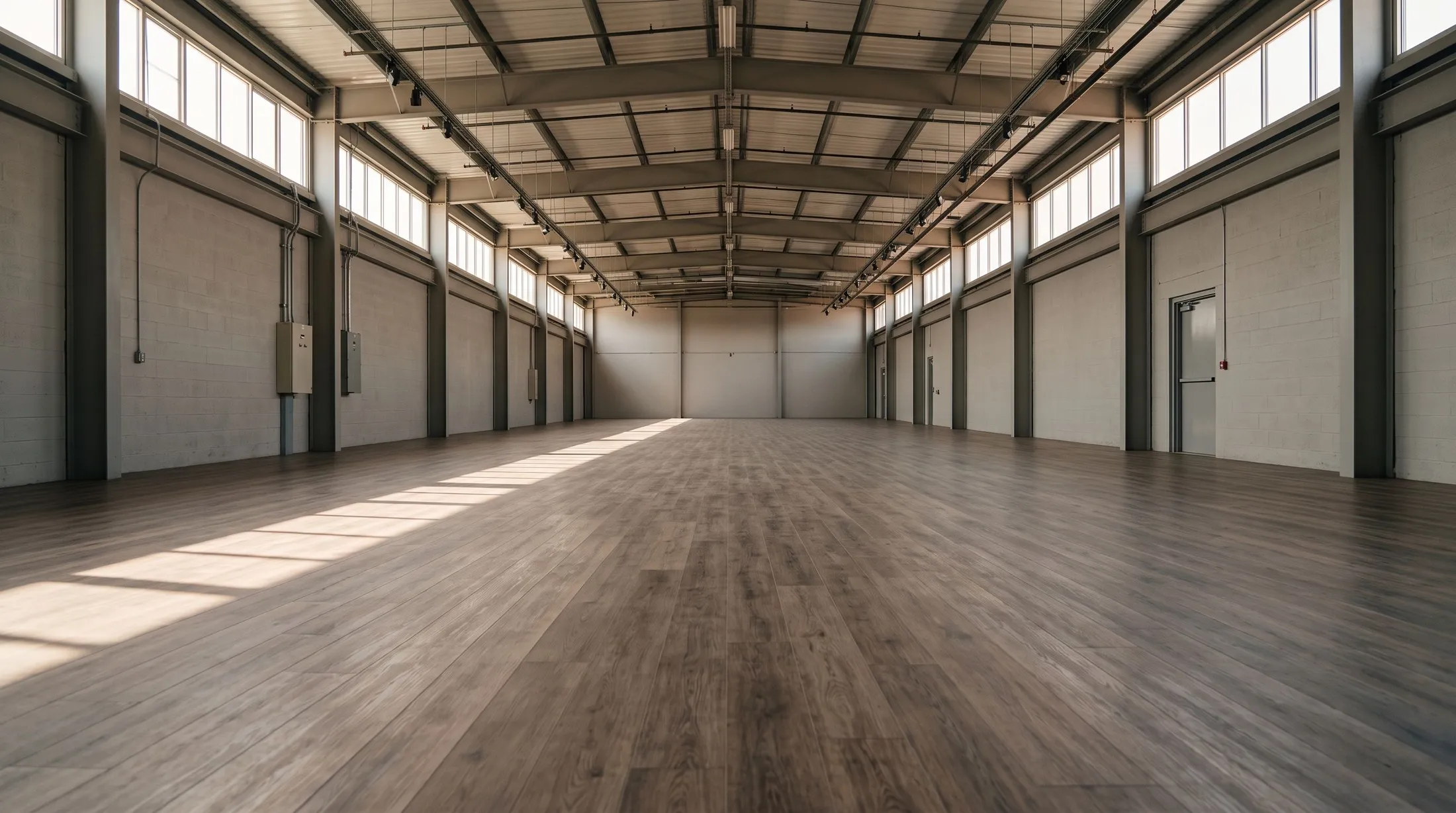 A hard-wearing commercial plank floor across a wide-span facility