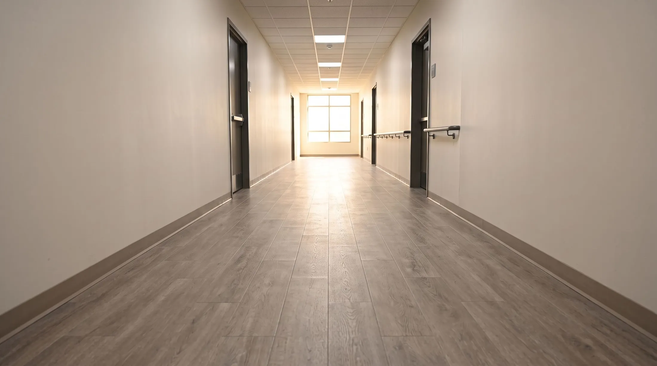 A durable stone-look plank floor in a dignified institutional corridor