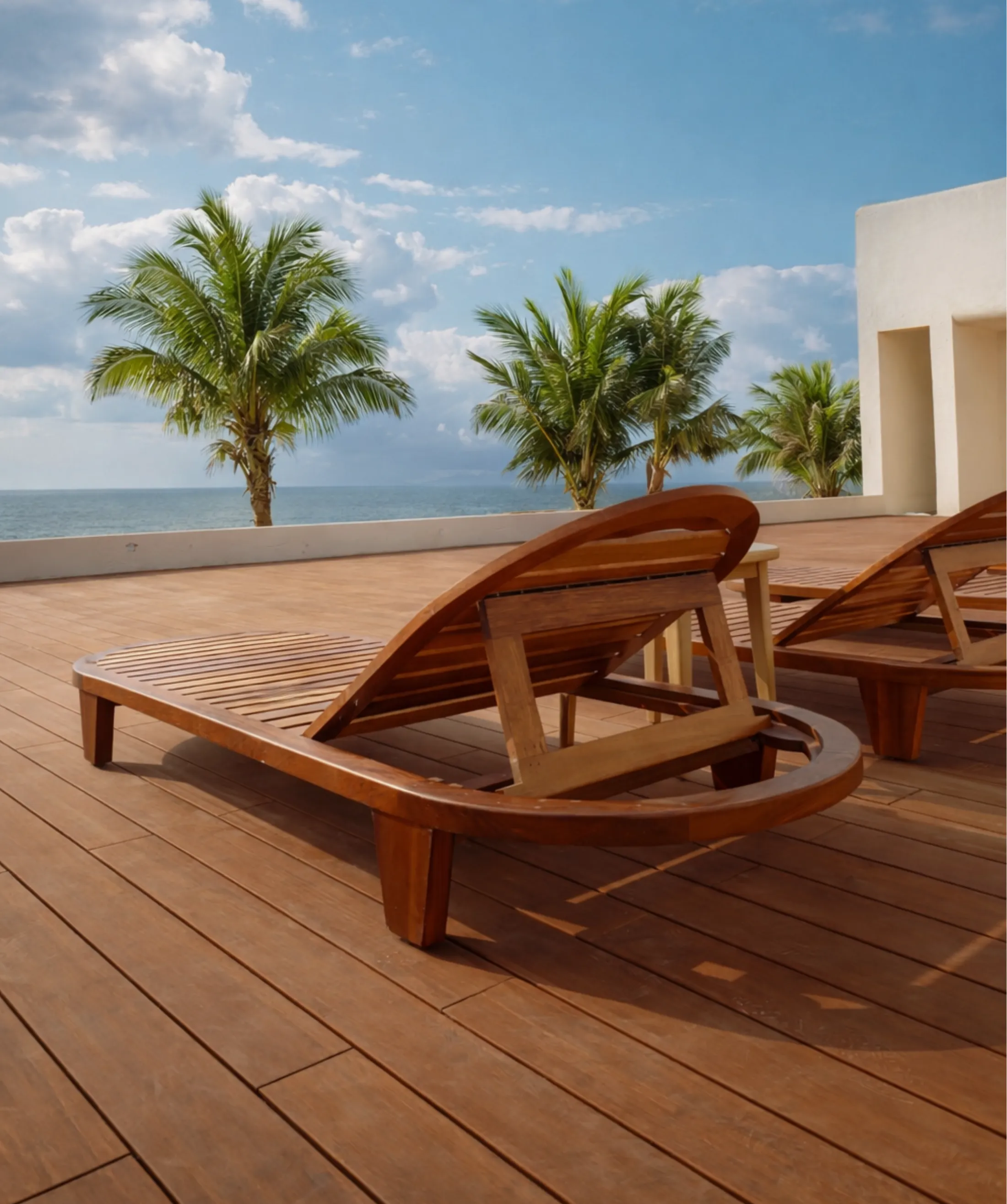 Warm hardwood deck overlooking the sea at golden hour