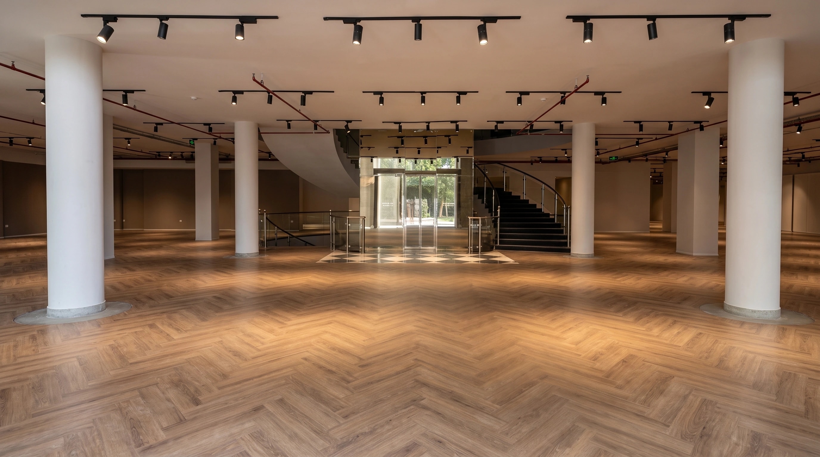Refined panoramic view of the completed herringbone hall