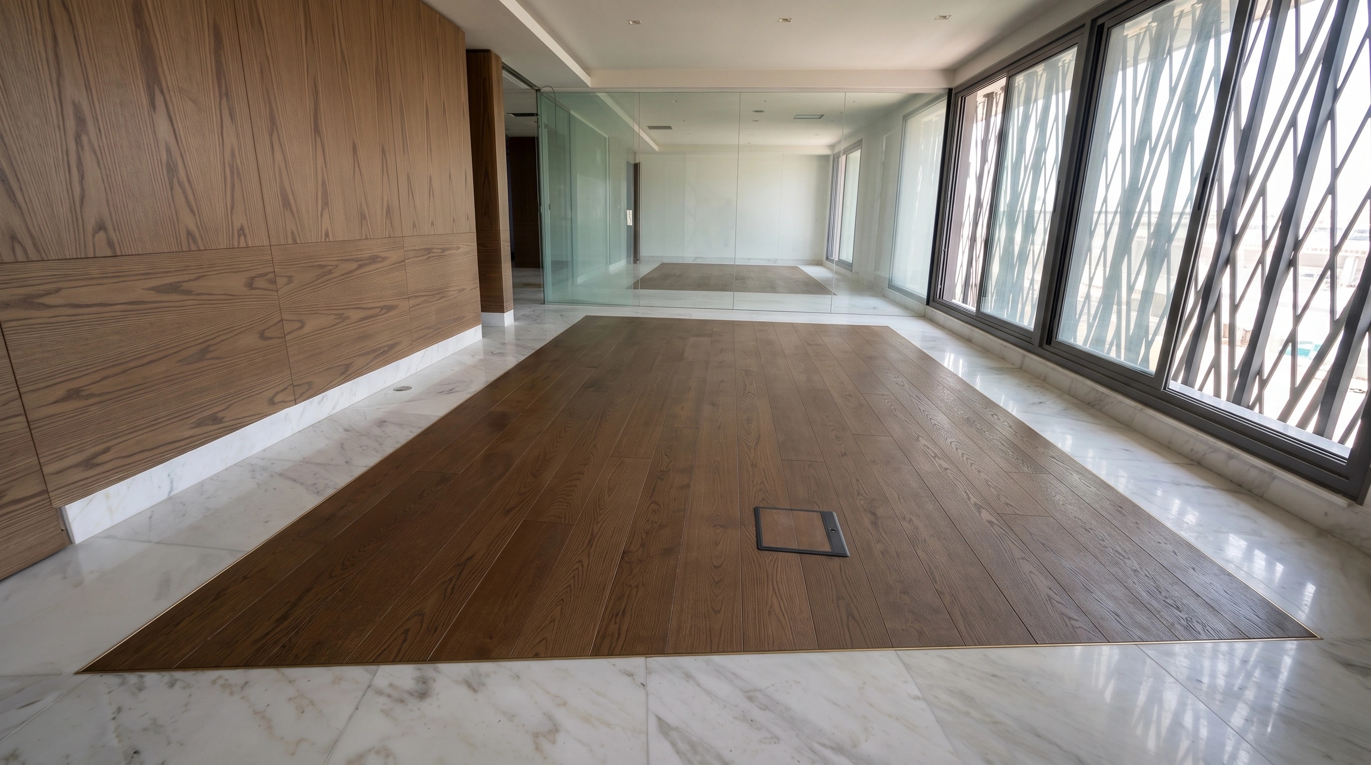 Refined wide view of the natural oak field framed by pale marble