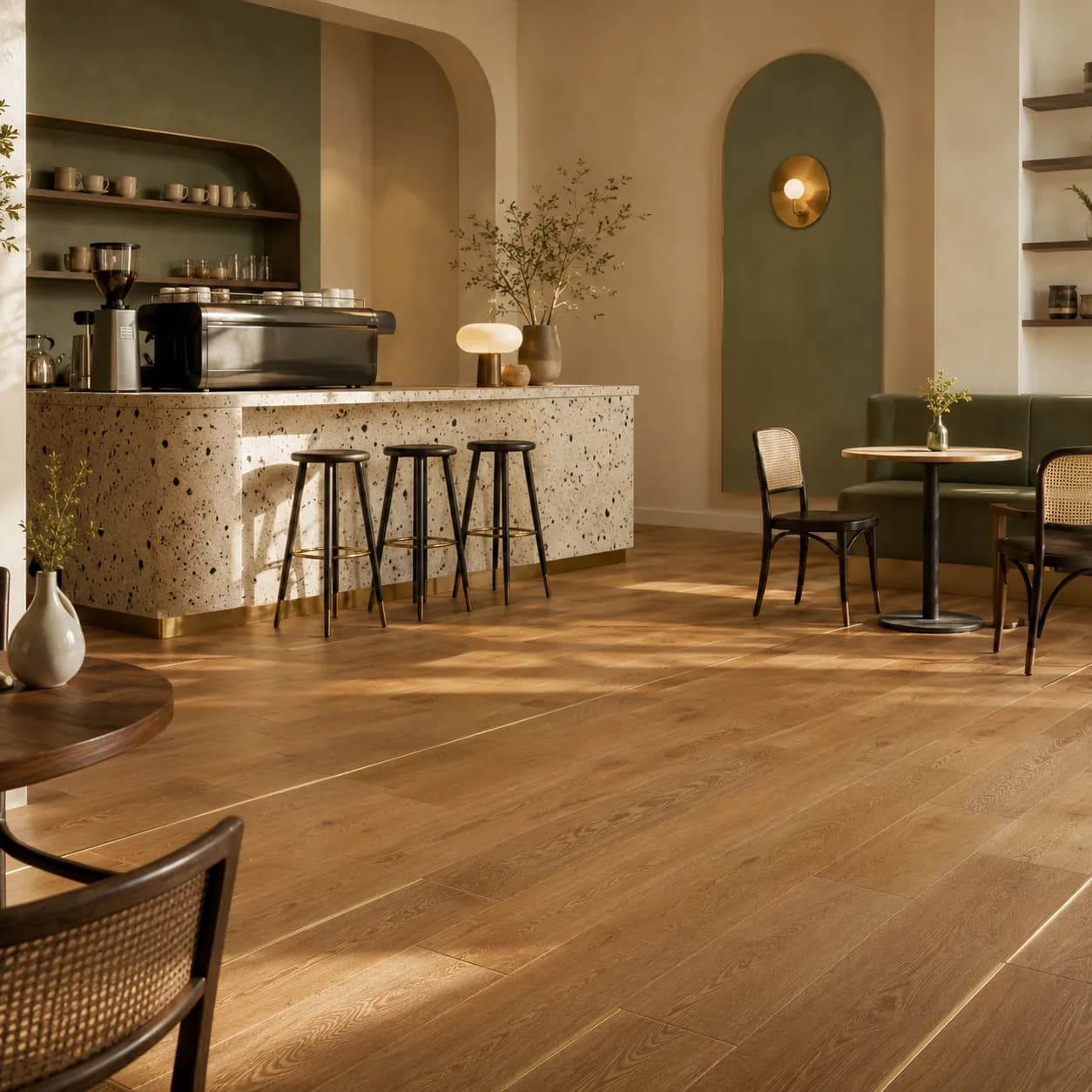 Engineered oak flooring in a refined commercial interior