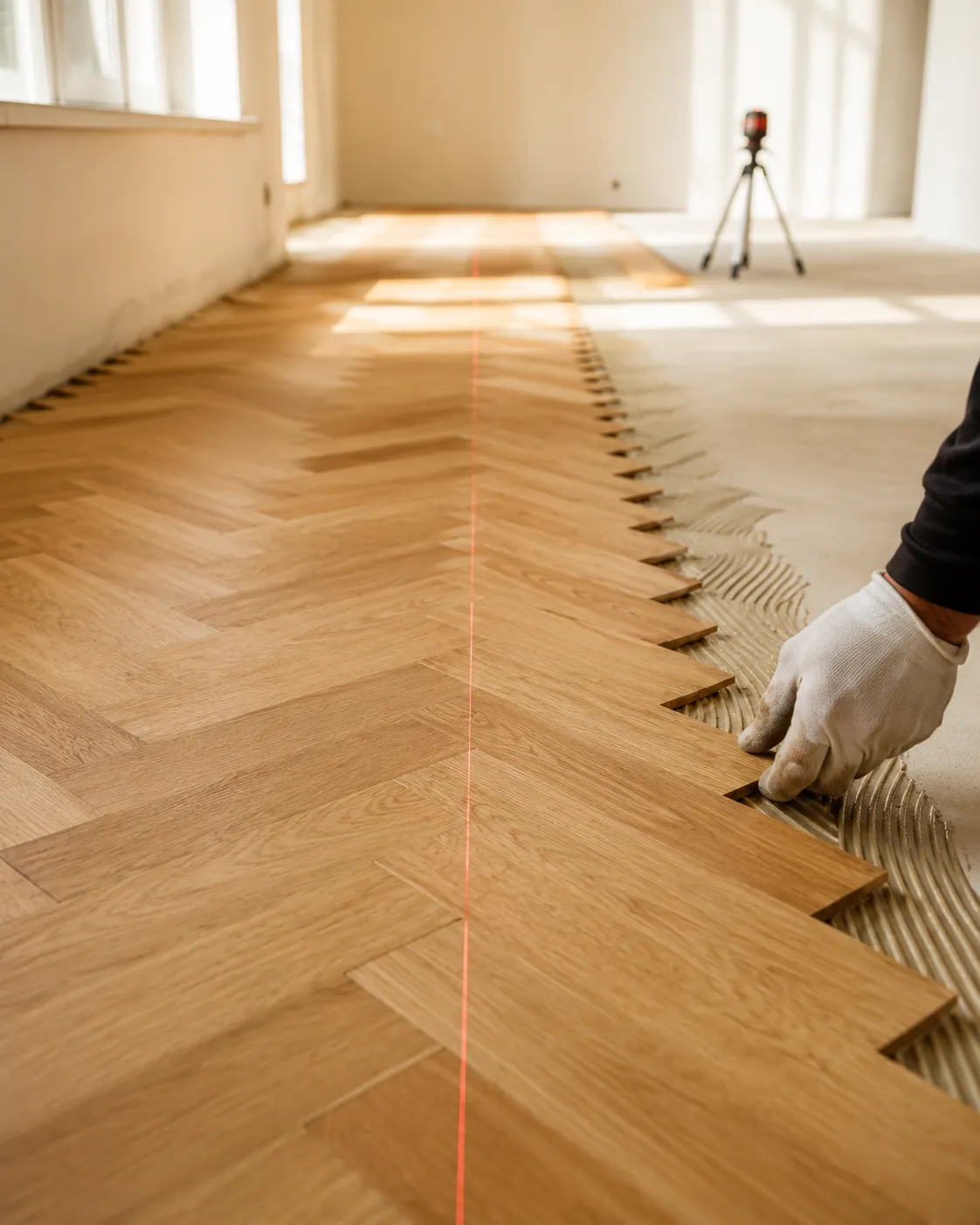 German engineered oak parquet set out on a laser datum line