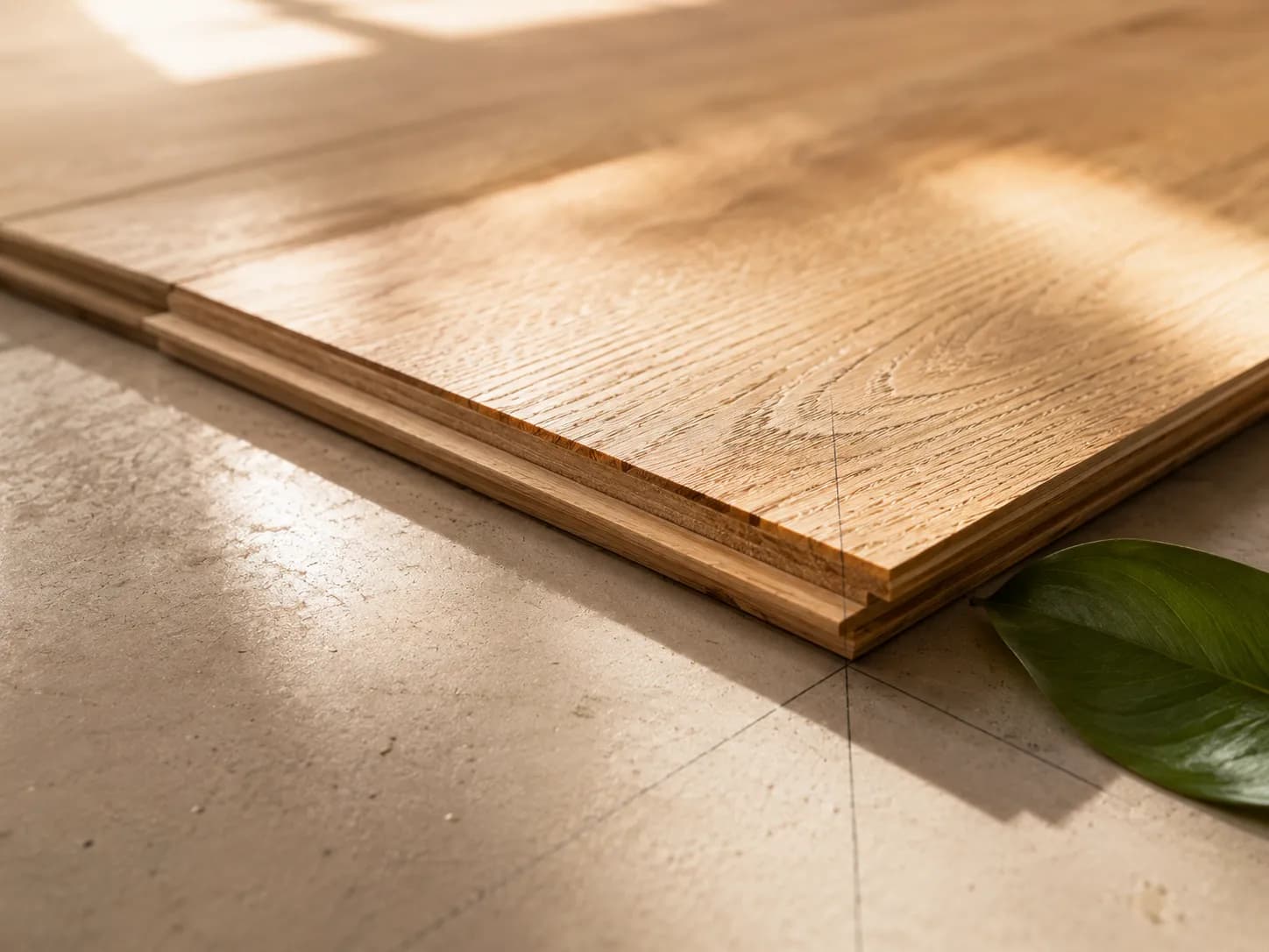 A certified engineered-oak plank set out in warm window light